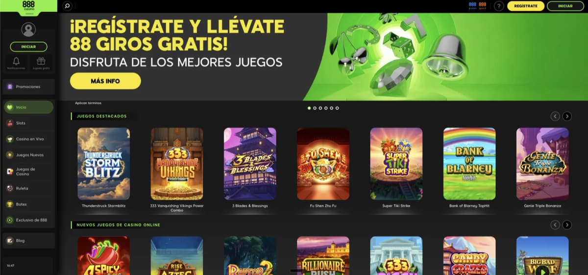 888 Casino Spanish homepage with 88 giros gratis welcome banner, featured slots and casino en vivo section