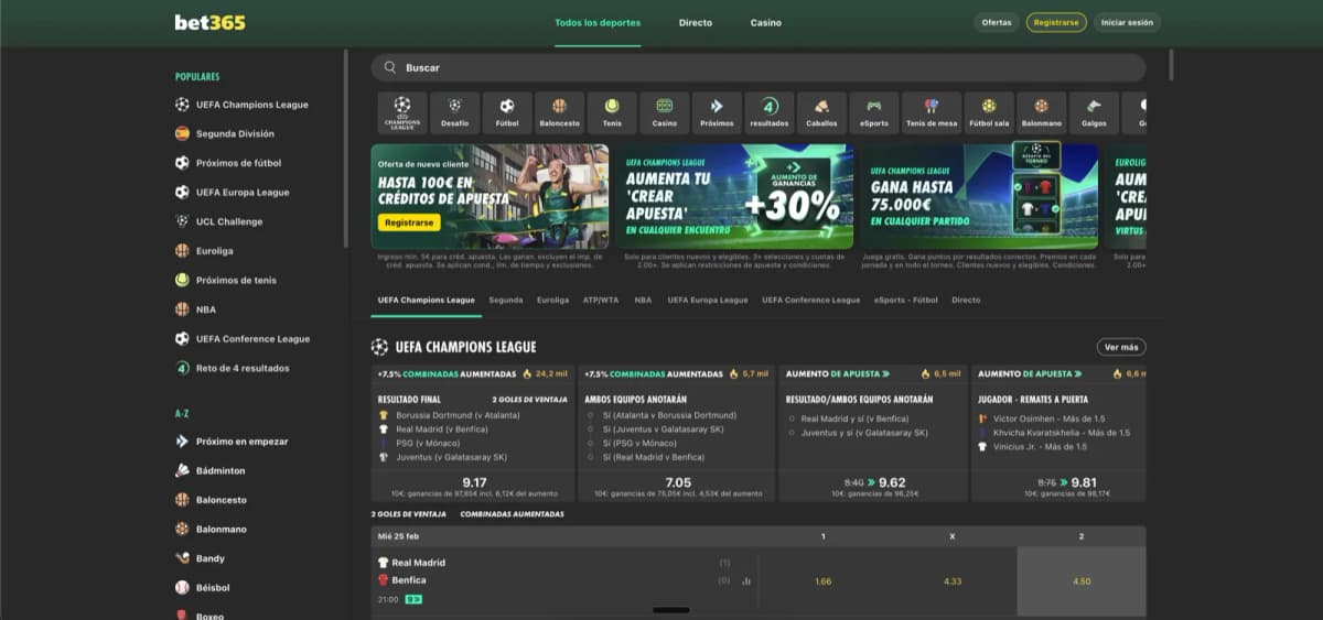 Bet365 Casino Spanish homepage with Champions League live odds, sports categories and welcome offer
