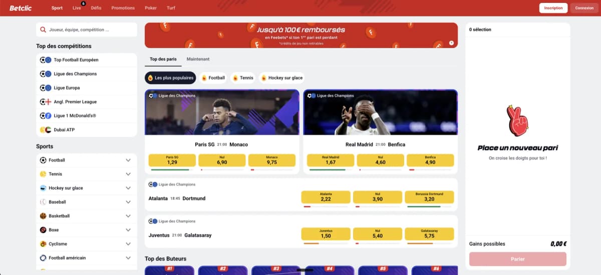 Betclic French homepage with 100€ freebets banner, Champions League odds and top des buteurs section