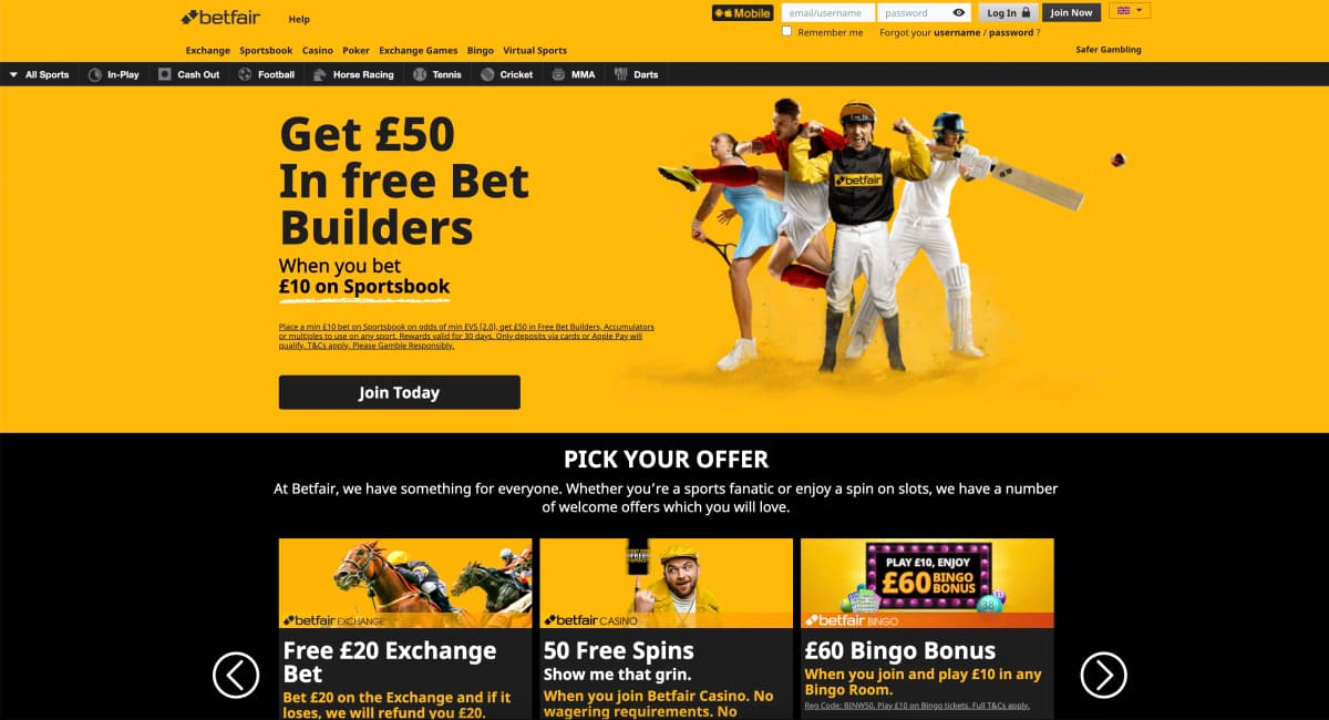 Betfair Casino homepage by Flutter Entertainment showing betting exchange integration, UK licensed platform with slots and live casino