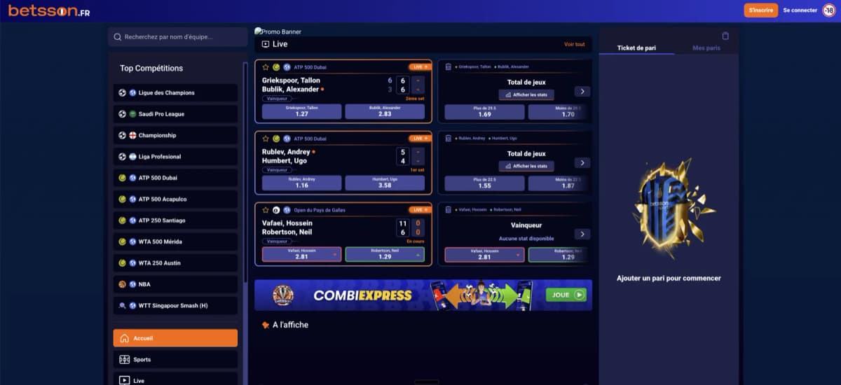 Betsson French sports betting homepage with live tennis odds, Champions League sidebar and promotions