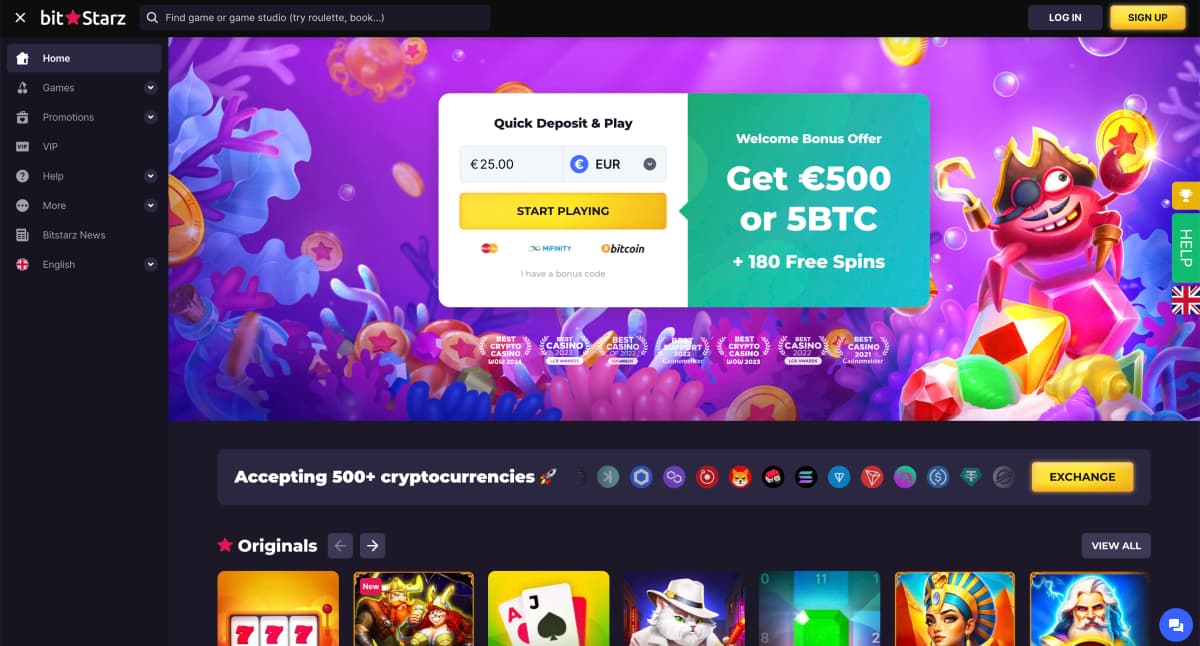 BitStarz Casino crypto-first homepage featuring Bitcoin payment options, provably fair games section, instant withdrawals banner and slot tournaments