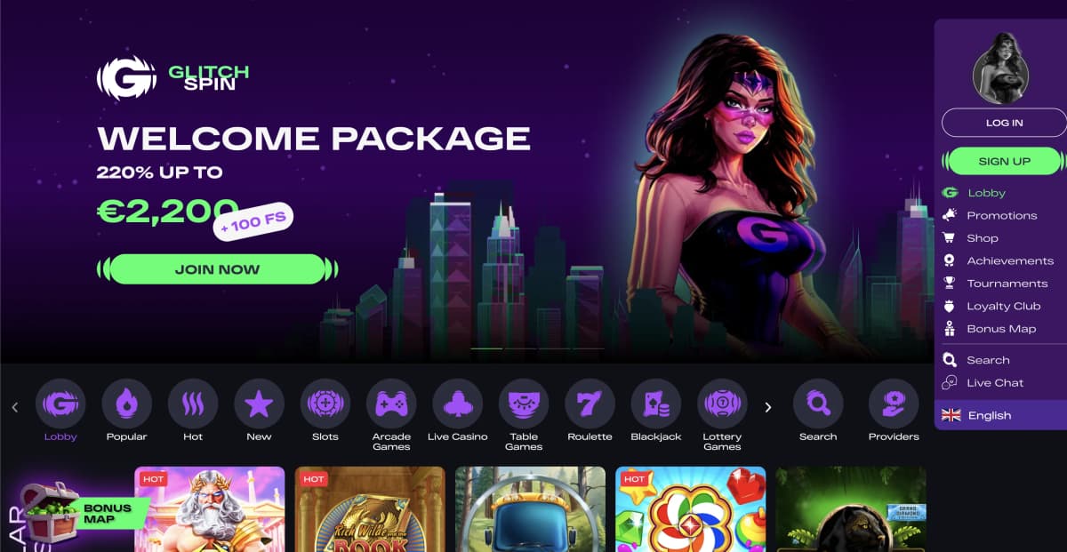 Glitchspin Casino futuristic neon-themed homepage