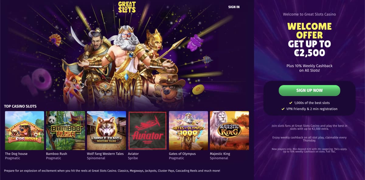 GreatSlots Casino Swedish-focused homepage with top slots