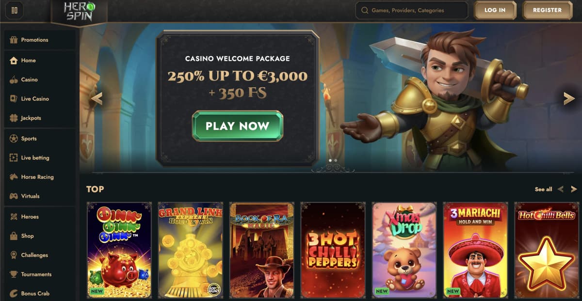 Herospin Casino Spanish hero-themed homepage