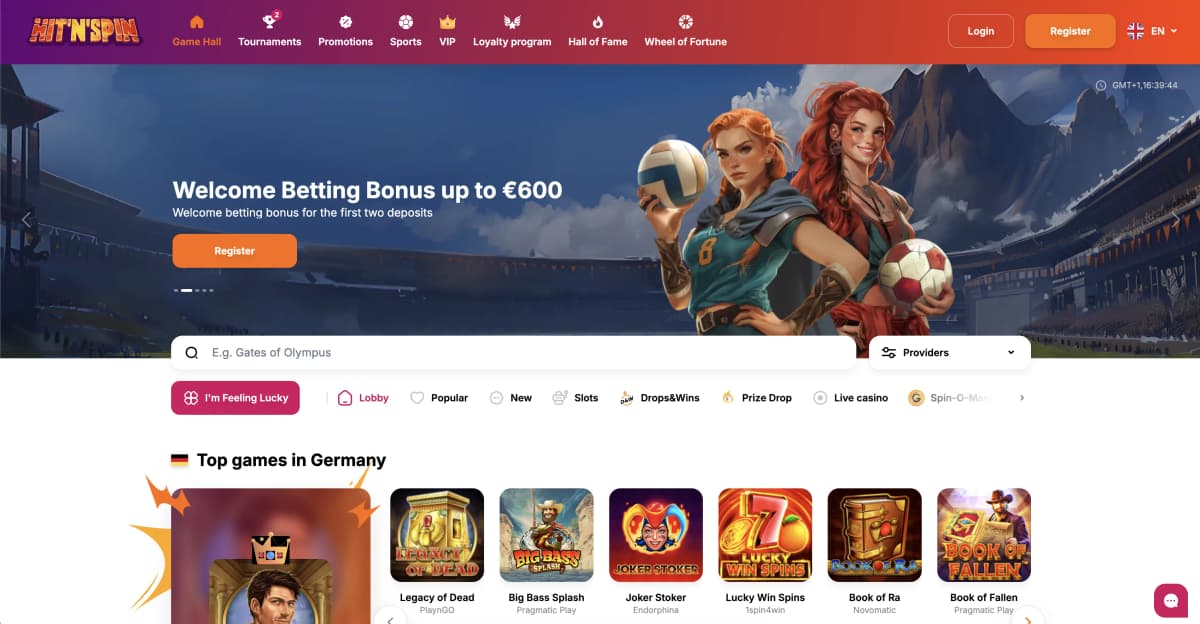 HitnSpin Casino colorful homepage with slot games