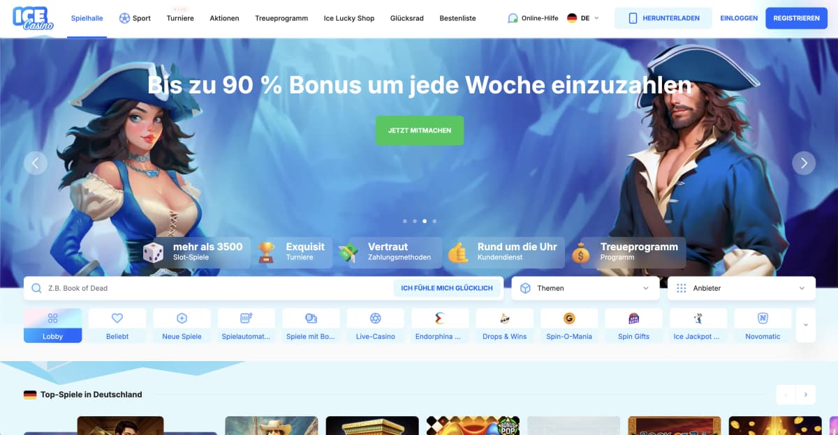 Ice Casino cool blue-themed homepage with slots