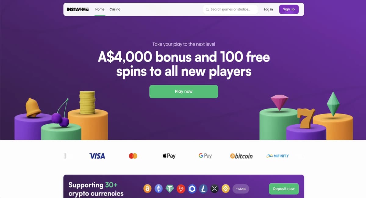 Instaspin Casino vibrant purple homepage with colorful 3D slot symbols, $4000 bonus banner, Bitcoin and crypto payment icons, 30+ supported cryptocurrencies