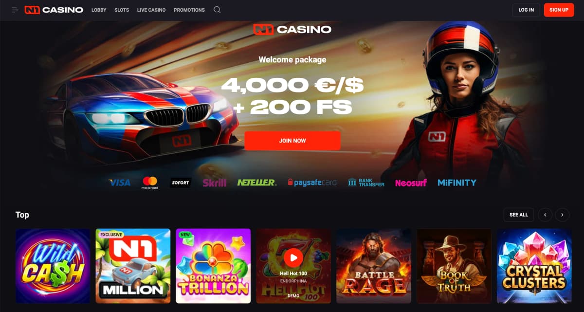 N1 Casino modern dark homepage with sleek design, game categories navigation, top provider logos and welcome bonus promotional banner