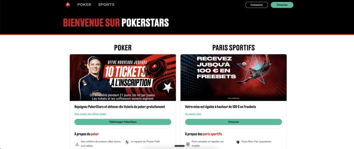 PokerStars French homepage with poker tickets offer and paris sportifs freebets section