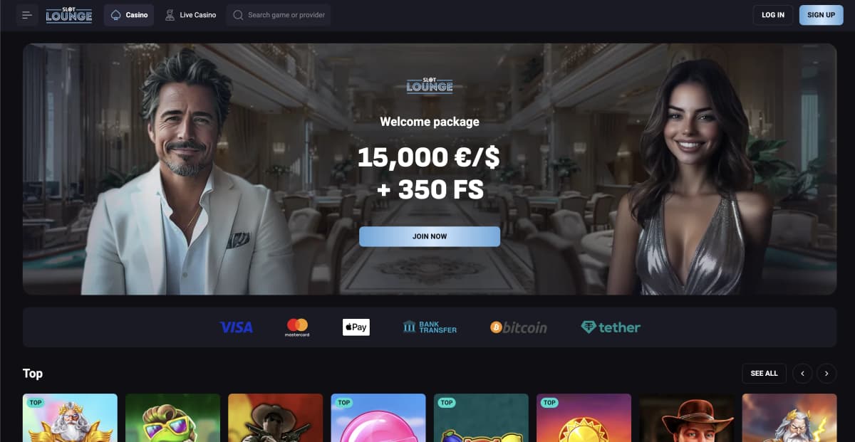 SlotLounge Casino elegant lounge-themed homepage