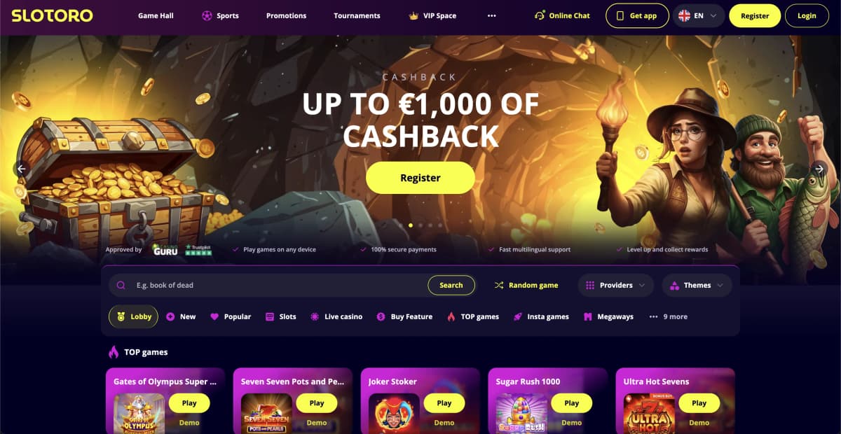 Slotoro Casino homepage with slots and live casino games
