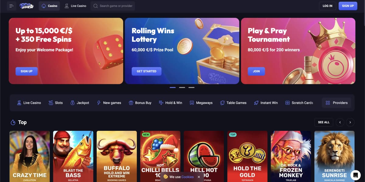 SpinAura Casino French-focused magical themed homepage