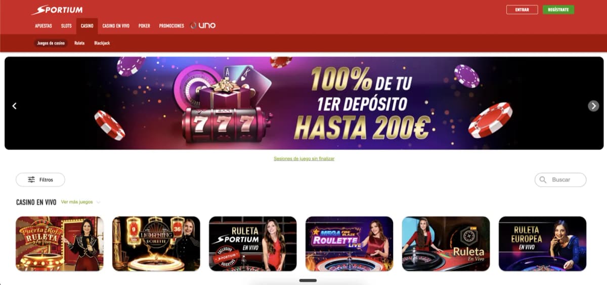 Sportium Casino Spanish homepage with 100% first deposit bonus banner and casino en vivo section
