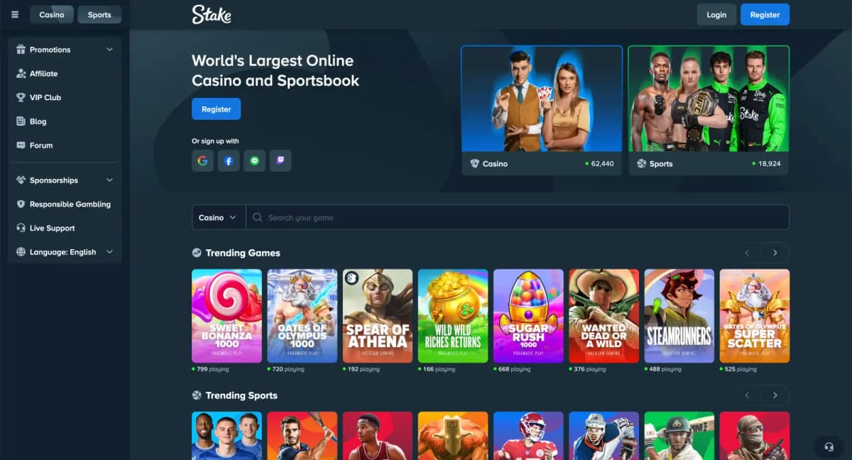 Stake Casino homepage showing dark interface with trending slots Sweet Bonanza and Gates of Olympus, live dealer section, casino and sports tabs with 62,000+ games