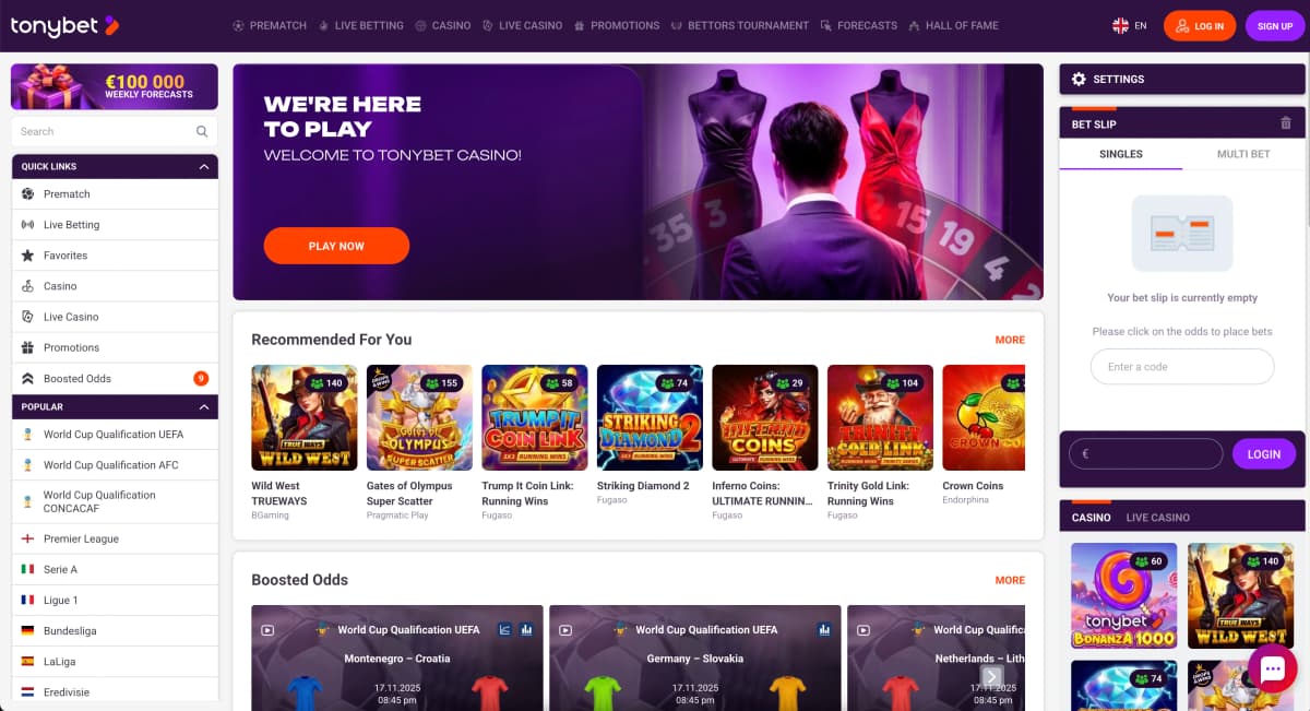 TonyBet Casino homepage with sports betting integration, multi-license badges, extensive slot library and live betting options
