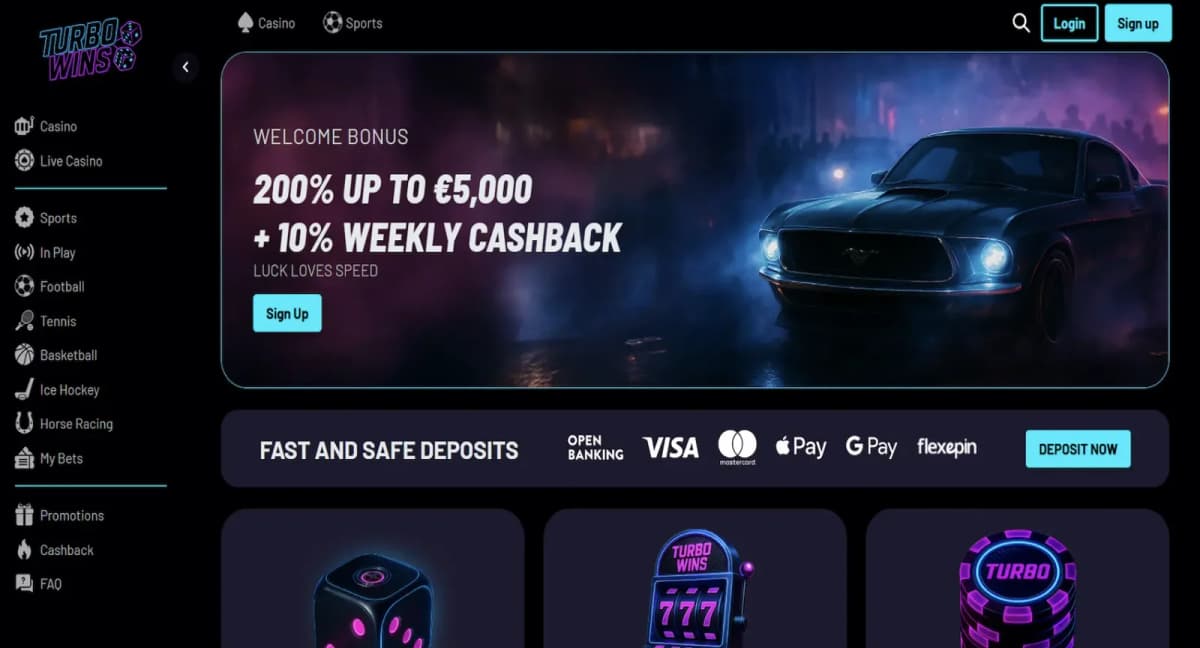 TurboWins Casino racing themed dark homepage with sports car imagery, €5000 welcome bonus plus 10% weekly cashback, sports betting sidebar with football tennis basketball