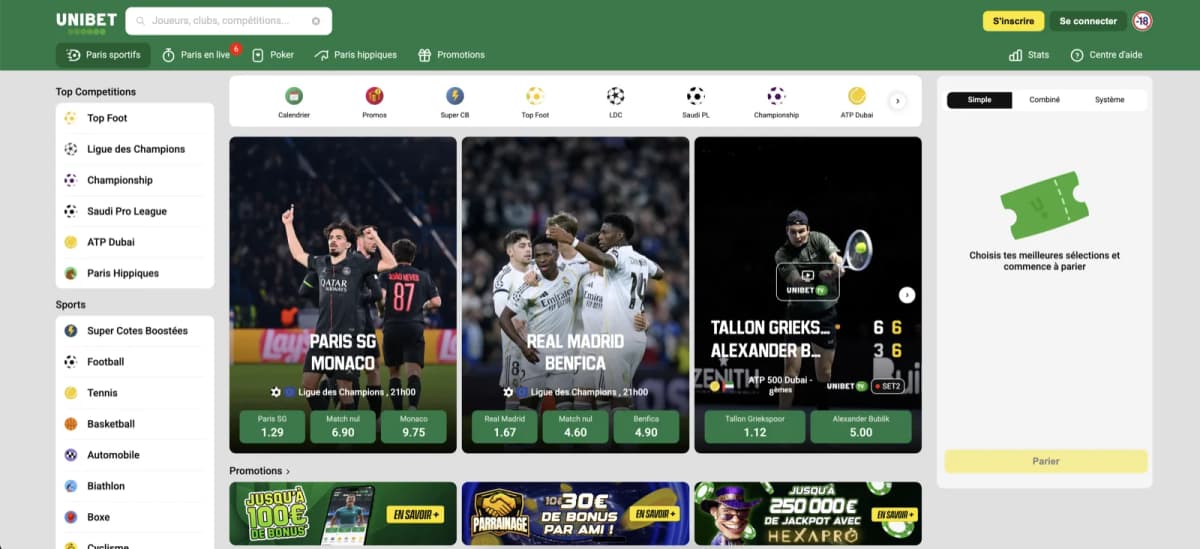 Unibet French homepage with paris sportifs, poker tabs, Champions League live cards and promotions