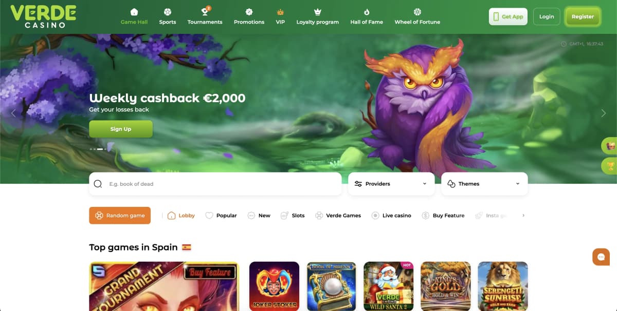 Verde Casino green-themed homepage with slots and bonuses