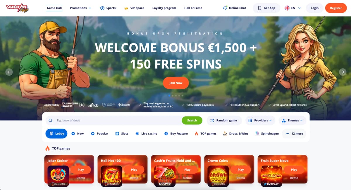Vulkan Vegas Casino Vegas-style homepage with neon lights design, slot machine graphics, live dealer tables and progressive jackpots display