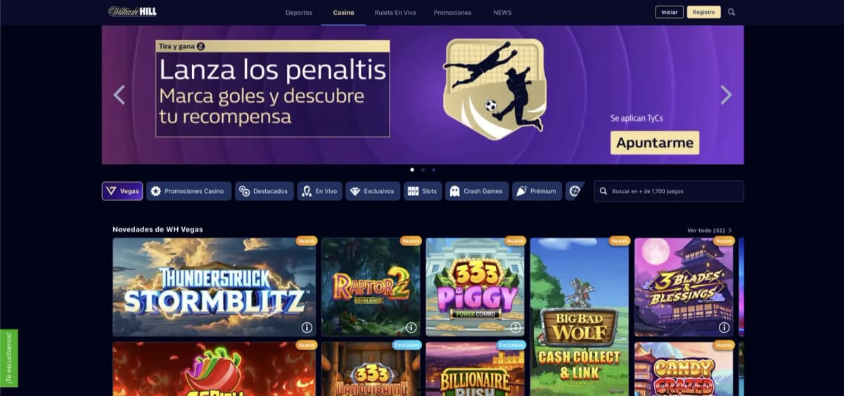 William Hill Casino Spanish homepage with casino promotion, WH Vegas new slots and 1700+ games